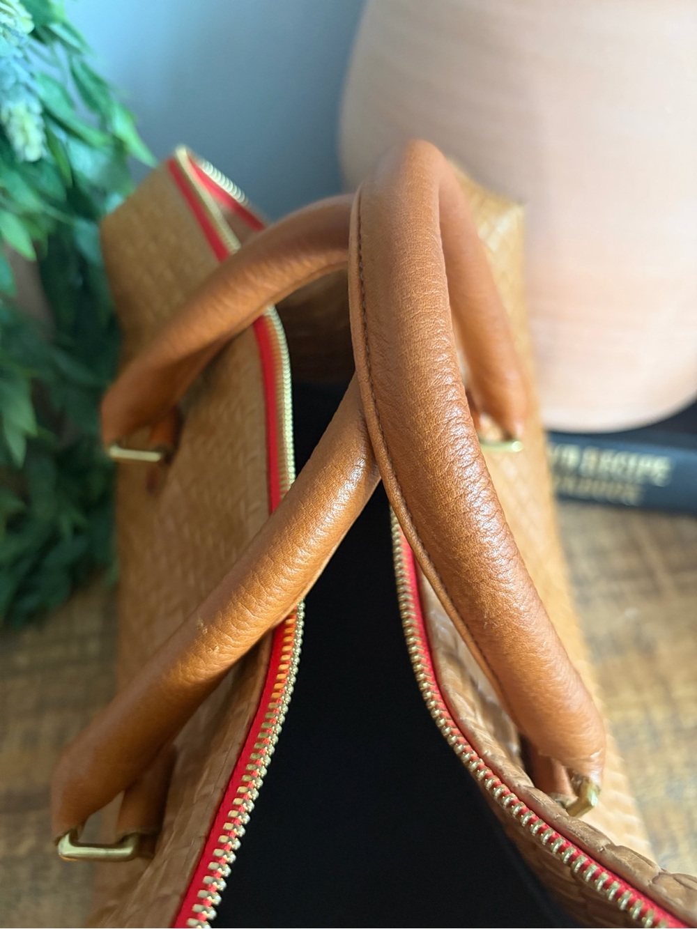 Clare V. Woven Leather Satchel Handbag in Cognac - Picture 12 of 13